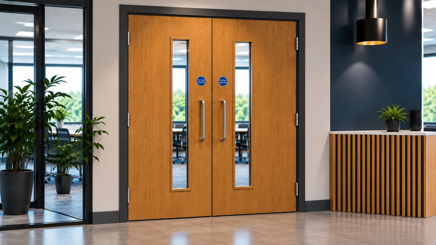 Oak double fire doors with vision panels beside a reception area in a modern office