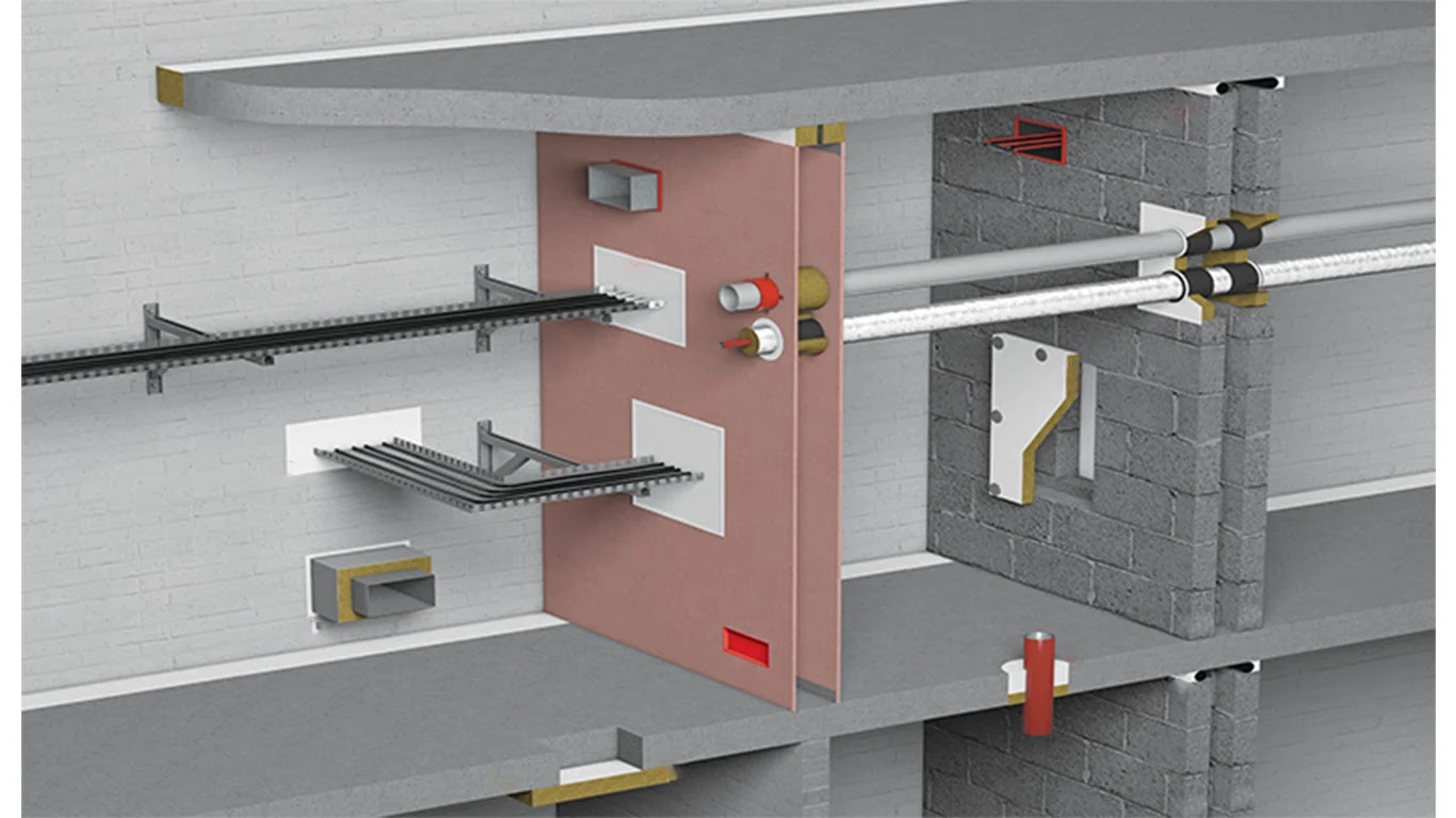 Cutaway illustration of a building showing fire-resisting walls, floors, service penetrations and fire stopping interfaces